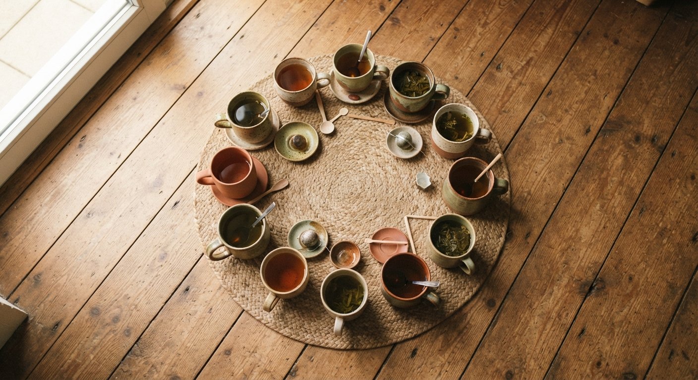 Círculo de tazas de té vistas desde arriba sobre un piso de madera