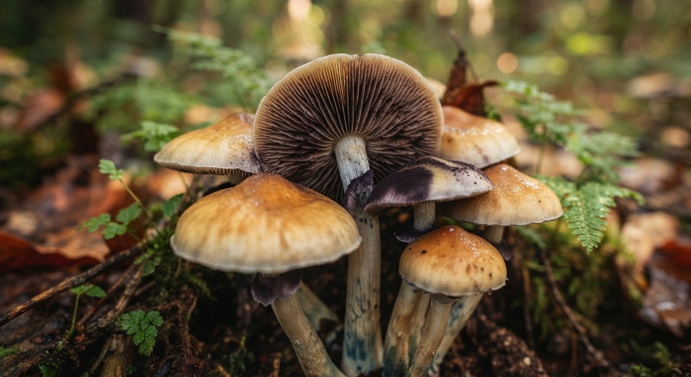 Detalle macro de sombrero y láminas de un hongo Psilocybe