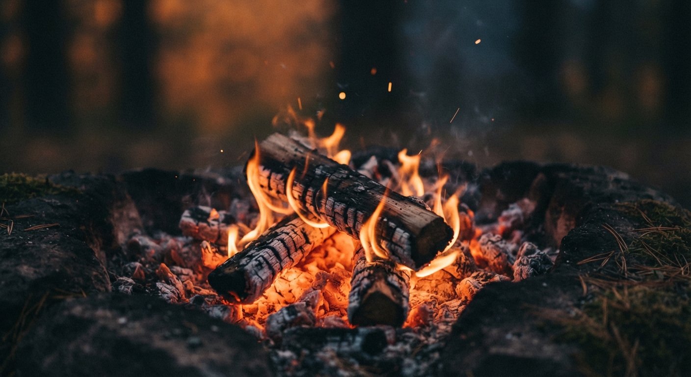 Brasas y fuego encendido al anochecer